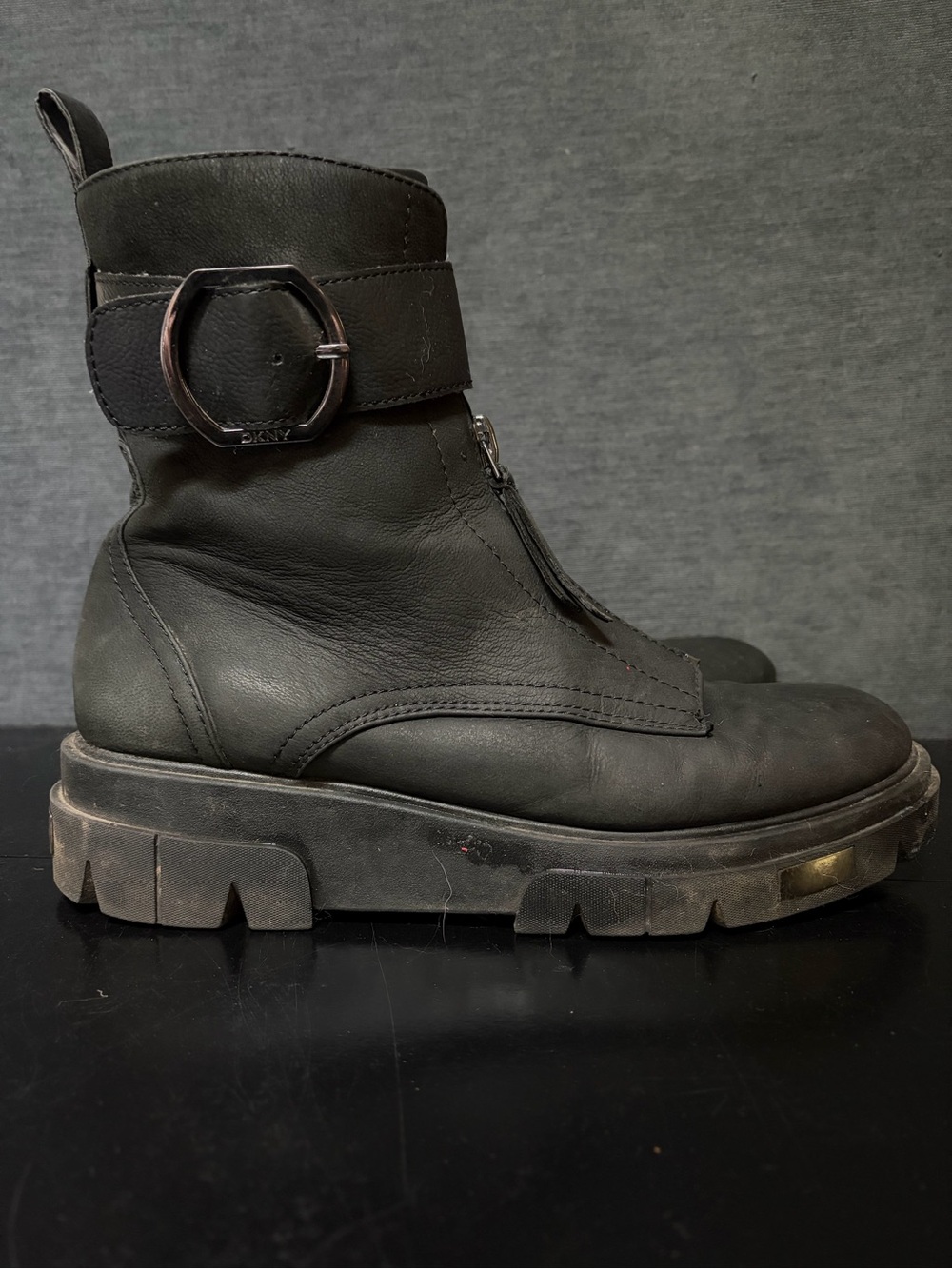DKNY Black Leather Ankle Booties with Buckle & Lug Sole